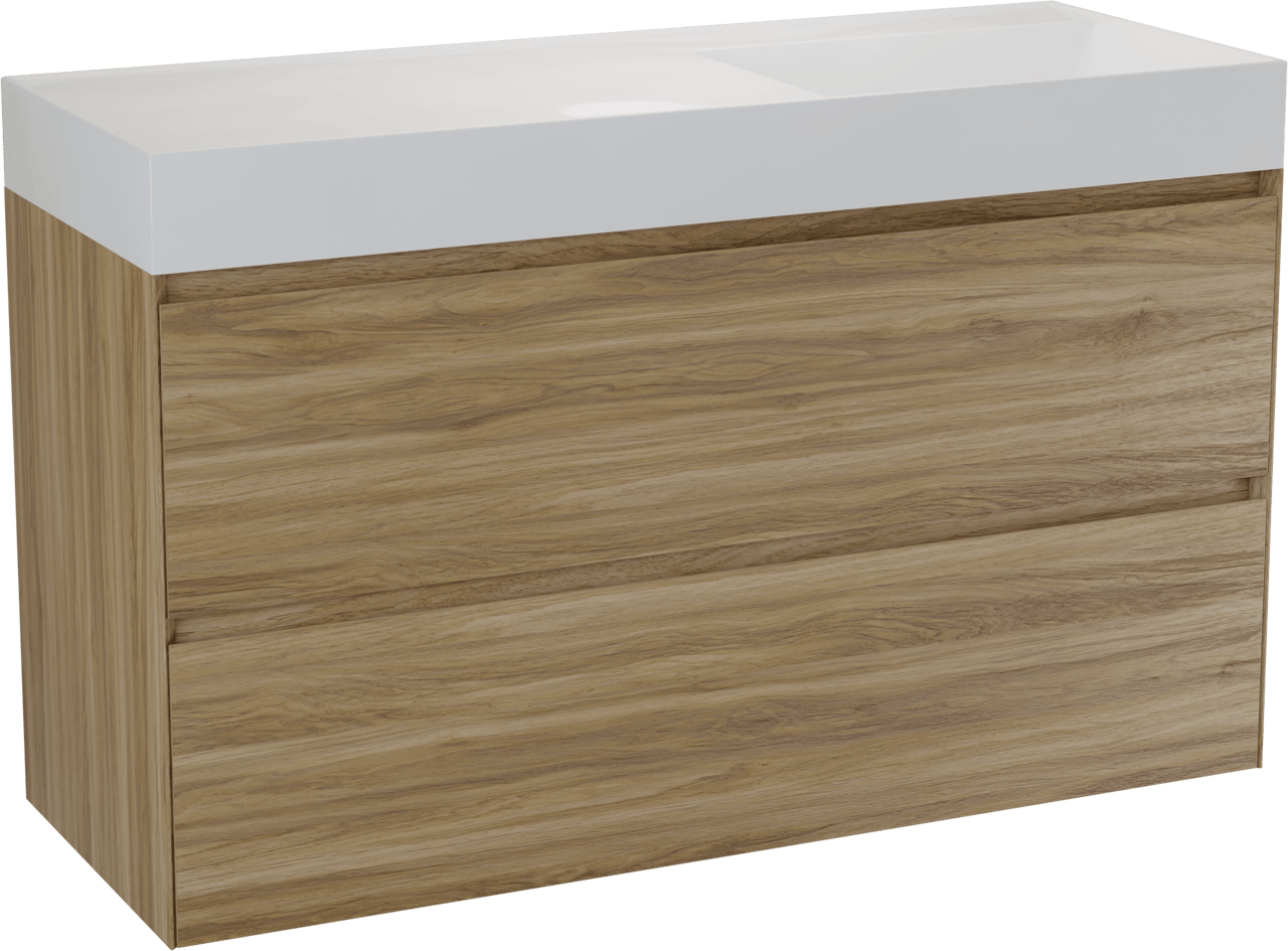 Balmani Mitra Compact zwevend badkamermeubel 120 x 46 cm wilde eik met Argila asymmetrisch rechtse wastafel in composietmarmer glanzend wit