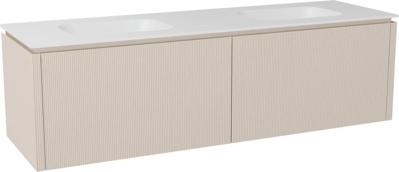 Balmani Eclips hängendes Möbelstück Set: 180 x 55 cm, Sandbeige, mit Tablo Arcato Doppelwaschtisch Solid Surface Weiβ matt, Vertikale symmetrische gerade Rippe