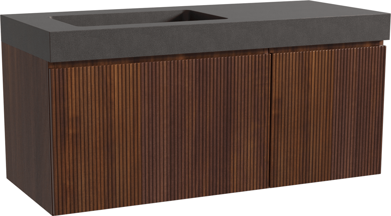 Storke Ribs zwevend badmeubel 120 x 52 cm notenhout met Scuro High asymmetrisch linkse wastafel in kwarts mat zwart, Verticale symmetrische rechte ribbel