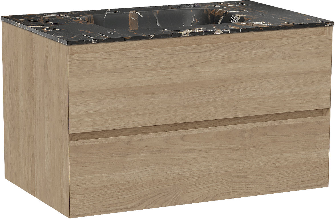 Balmani Mitra zwevend badmeubel 90 x 55 cm naturel eiken met Tablo Arcato enkele wastafel in marmer portoro gold