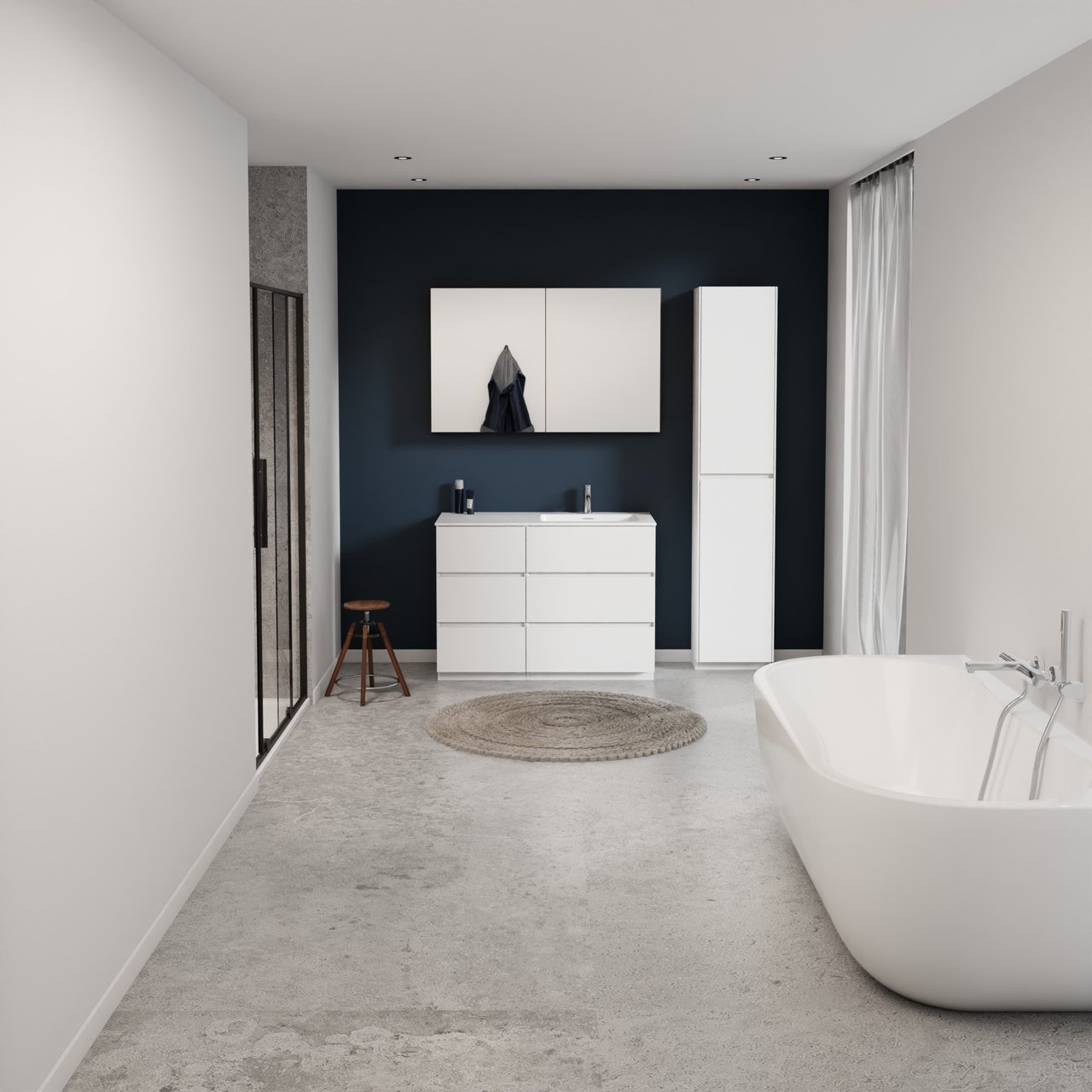 Storke Edge freistehendes Möbelstück Set: 110 x 52 cm, Weiß glänzend, mit Mata Waschtisch rechts, Solid Surface Weiß matt