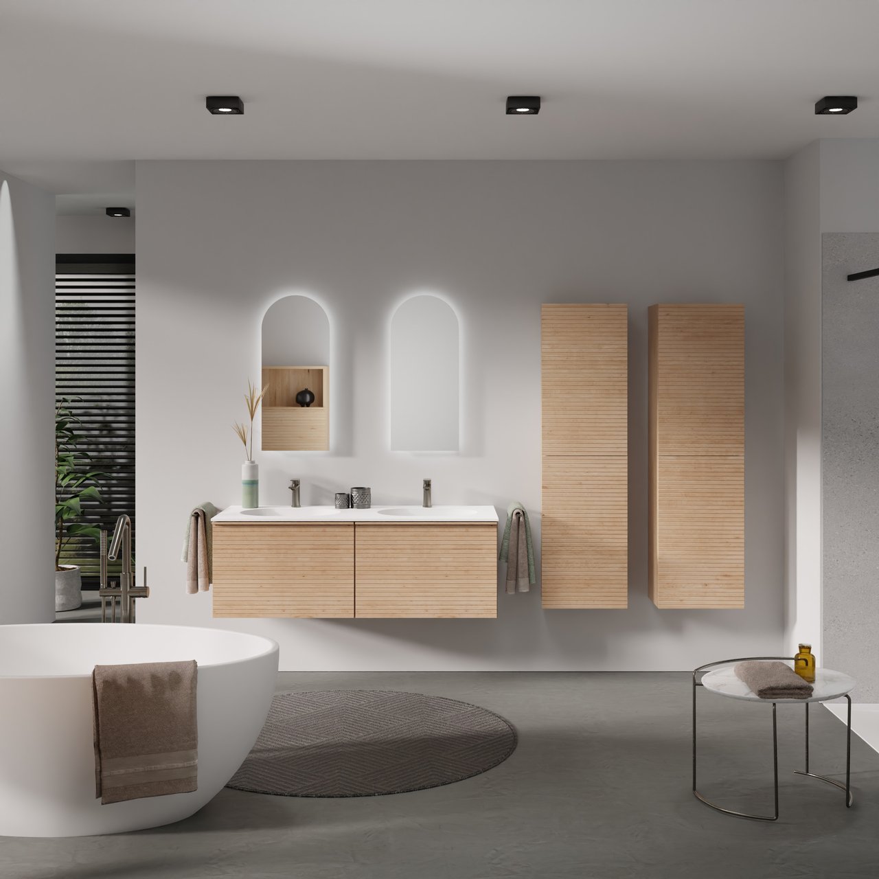 Balmani Forma meuble salle de bains suspendu 135 x 55 cm chêne naturel avec Tablo Oval double vasque en solid surface blanc mat, Nervure droite symétrique horizontale