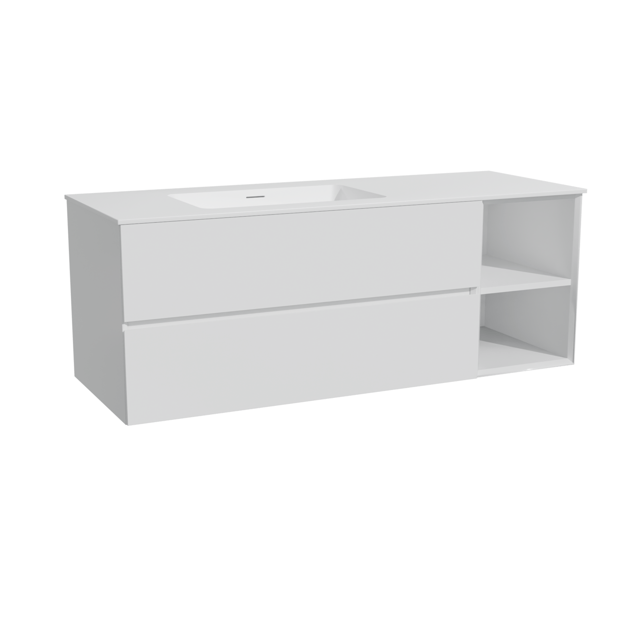 Storke Edge zwevend badmeubel 140 x 52 cm hoogglans wit met Mata asymmetrisch linkse wastafel in solid surface mat wit