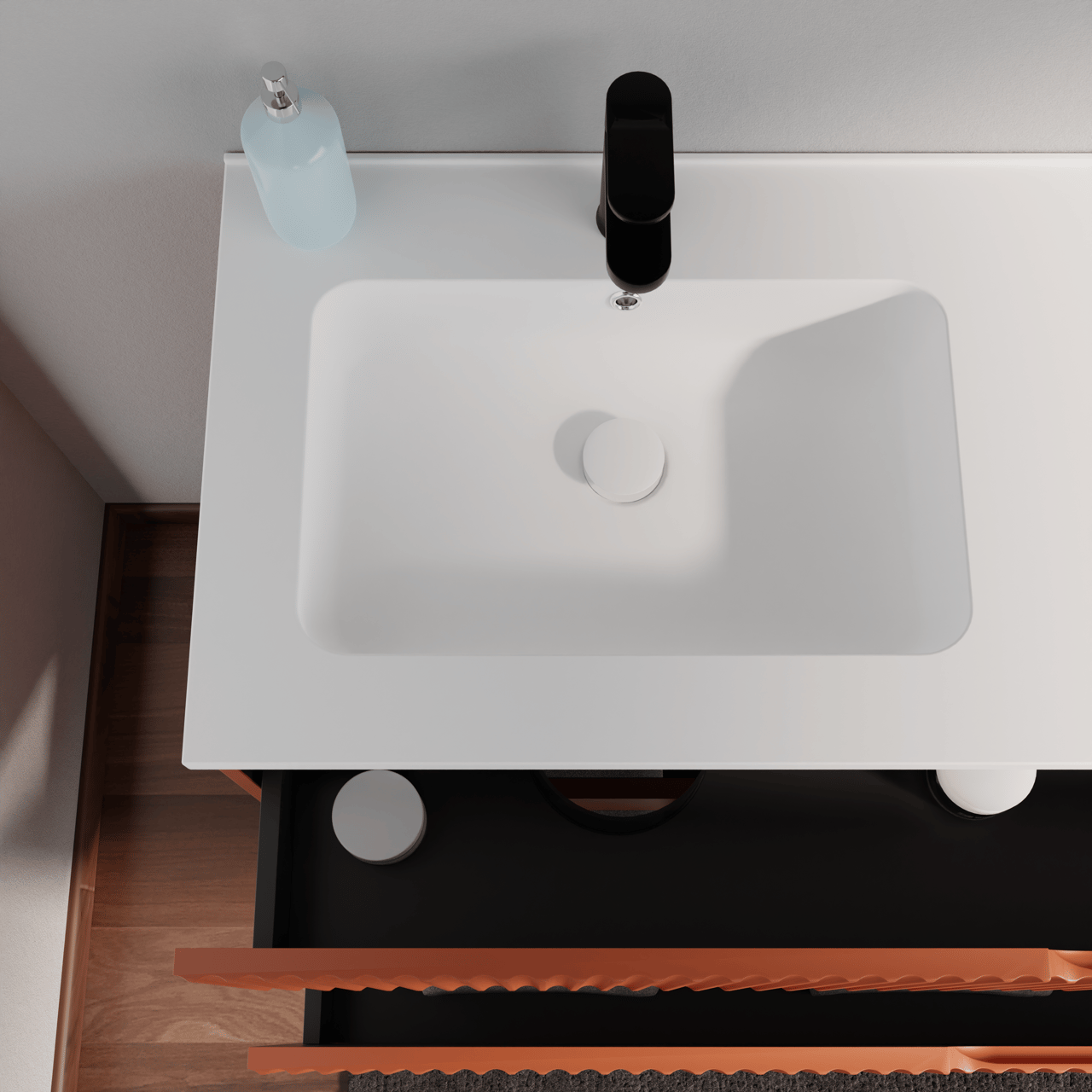 Linie Ribbo zwevend badkamermeubel 80 x 46 cm cotto met Vano enkele wastafel in composietmarmer glanzend wit, Verticale symmetrische ronde ribbel