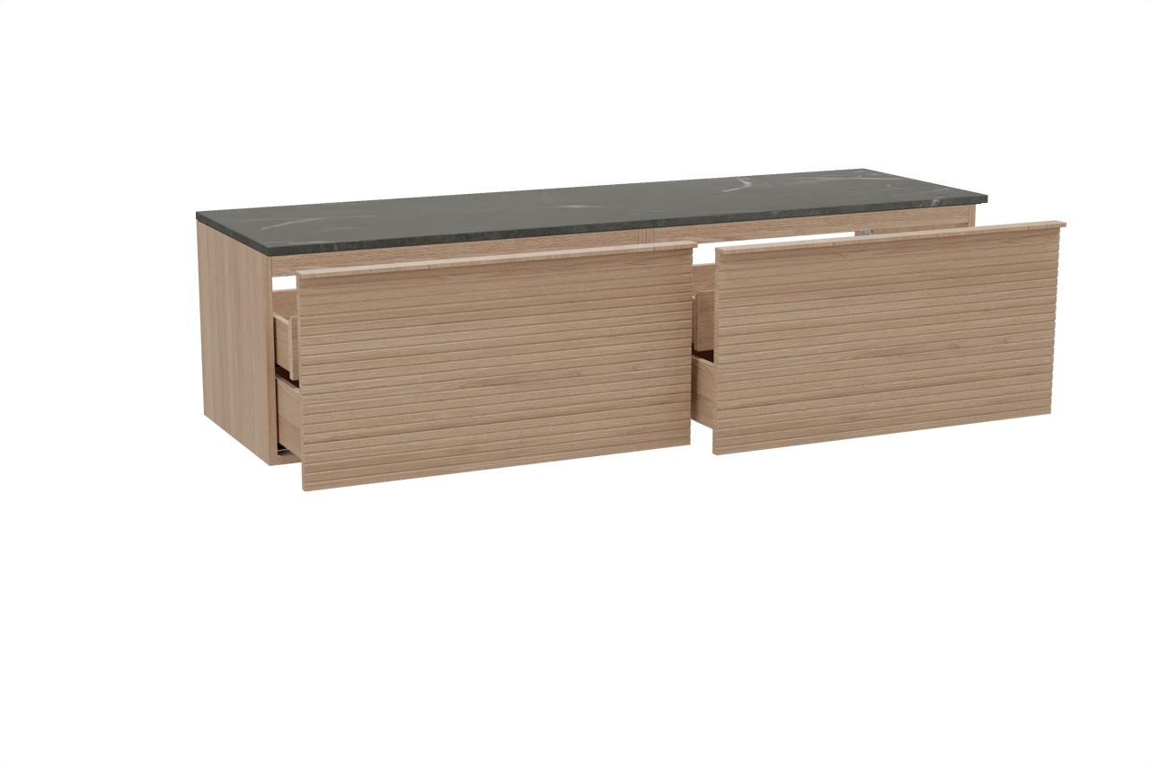 Balmani Forma hängendes Möbelstück Set: 180 x 55 cm, Naturbelassene Eiche, mit Stretto Einzel- oder Doppel Waschtischplatte, Marmor, Pietra Grey, Horizontale symmetrische gerade Rippe