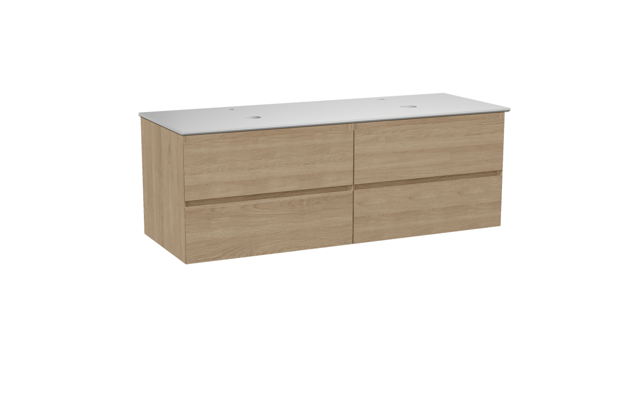 Balmani Mitra hängendes Möbelstück Set: 150 x 55 cm, Naturbelassene Eiche, mit Facetta Doppel Waschtischplatte, Solid Surface Weiß matt