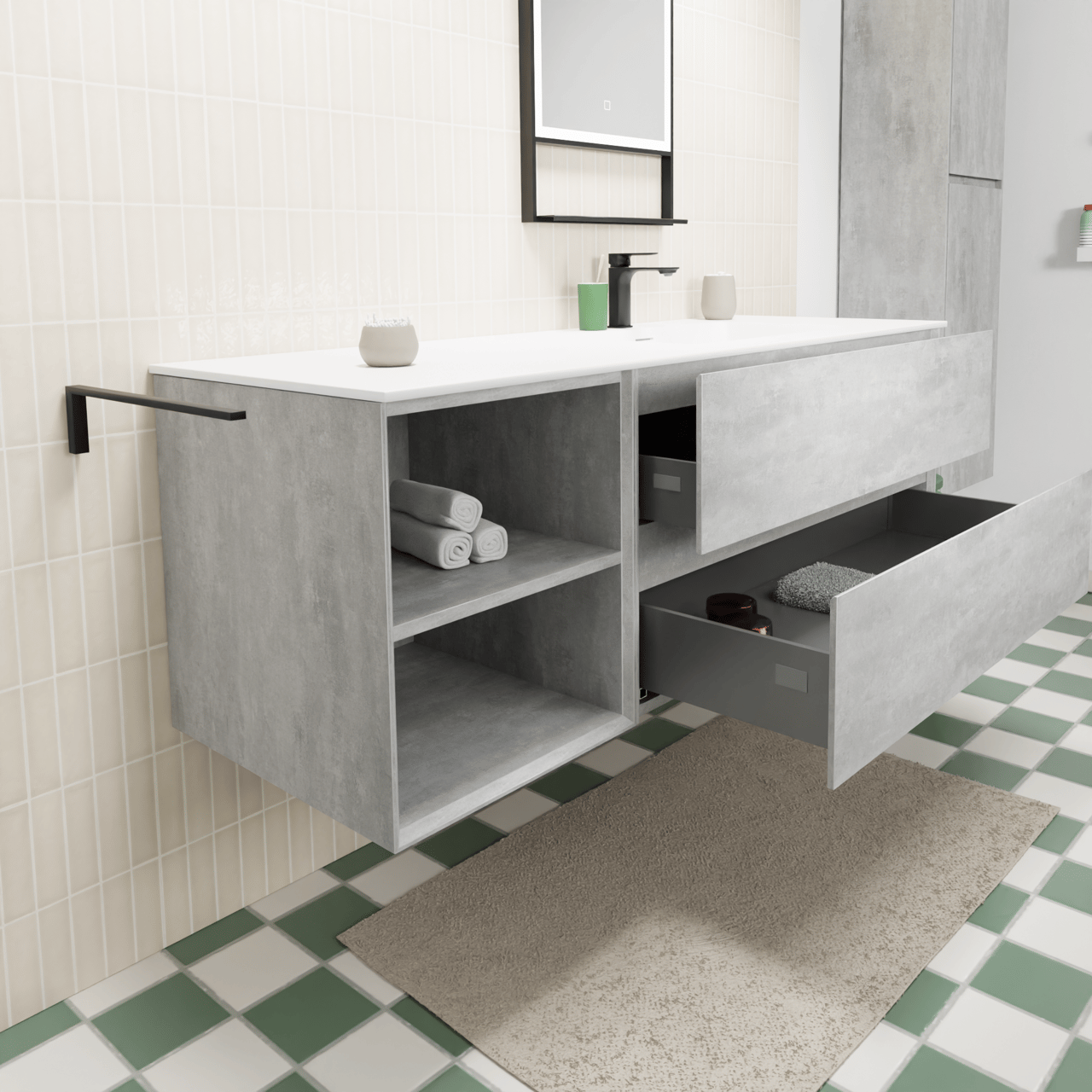 Storke Edge meuble salle de bains suspendu 150 x 52 cm béton gris foncé avec Mata plan vasque asymétrique à droite en solid surface blanc mat