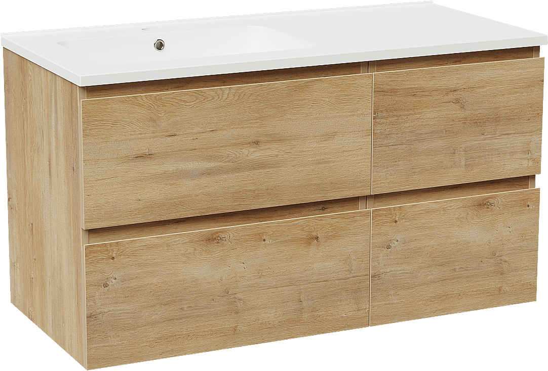 Linie Lado zwevend badkamermeubel 100 x 46 cm natuur eik met Vano asymmetrisch linkse wastafel in composietmarmer mat wit