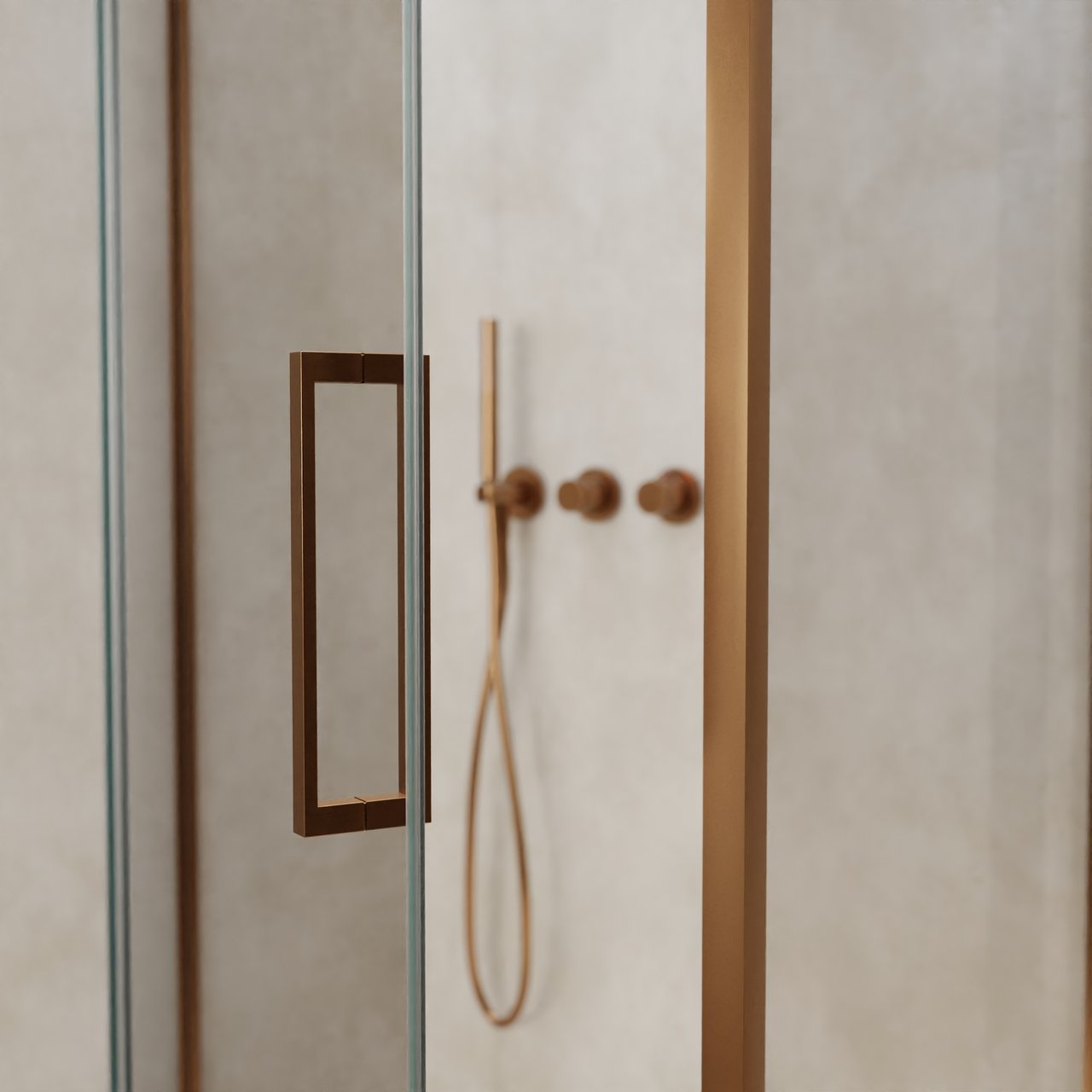 Balmani Senses Design douche en coin avec porte pivotante à gauche et paroi latérale fixe, 100 x 100 cm, Verre transparent, Profil Brushed Rosegold