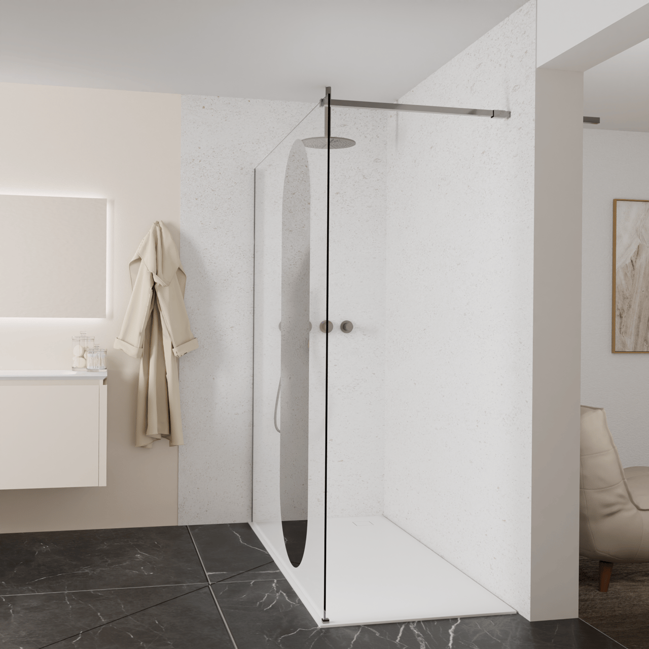 Balmani Modular Walk-In Dusche: 180 x 200 cm, Reflex-Spiegelglas Oval, Profil Brushed GunMetal