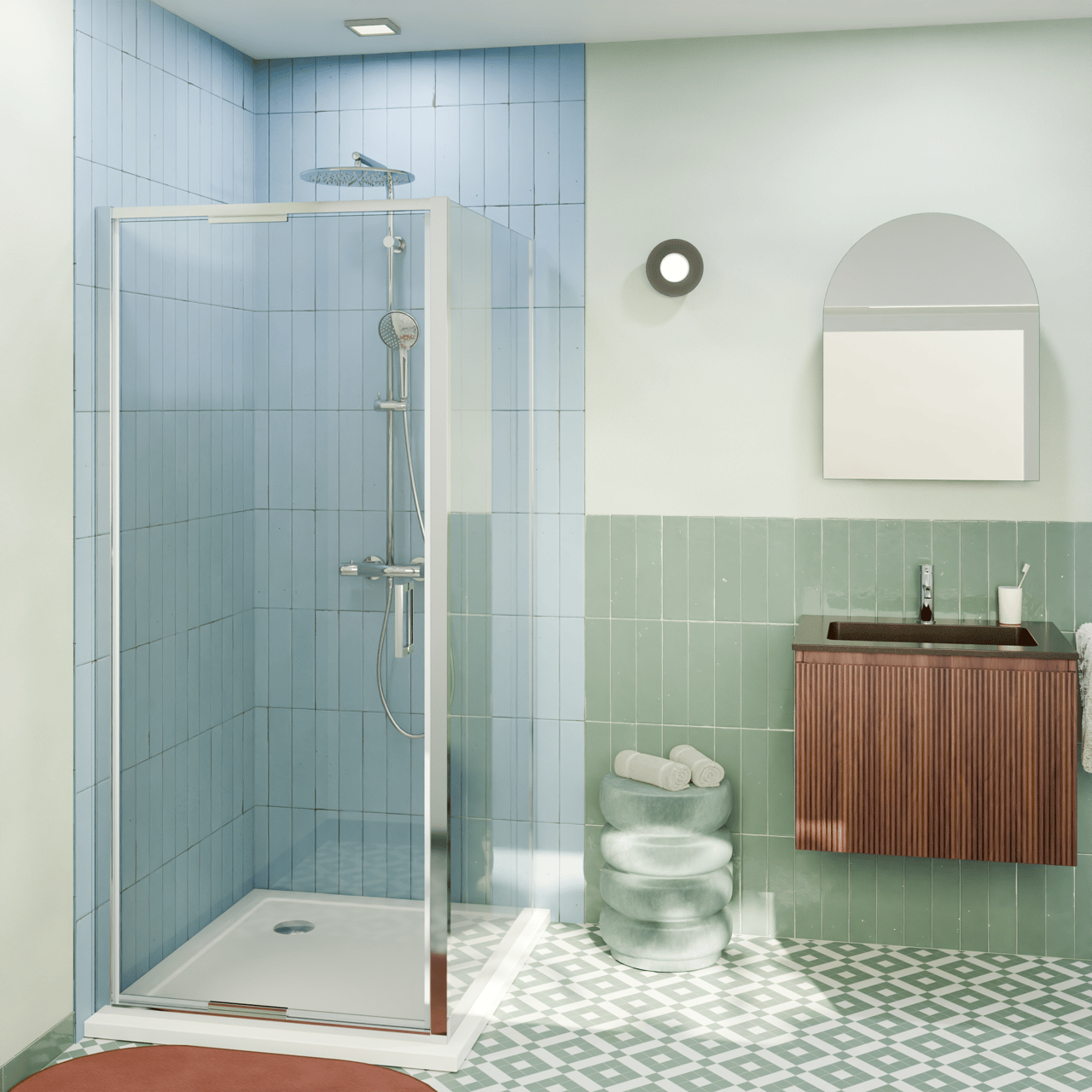 Luca Varess Vidor In Eckdusche: Drehtür und fixierte, Seitenwand, 90 x 90 cm, Klarglas, Chrom Profil, glänzend