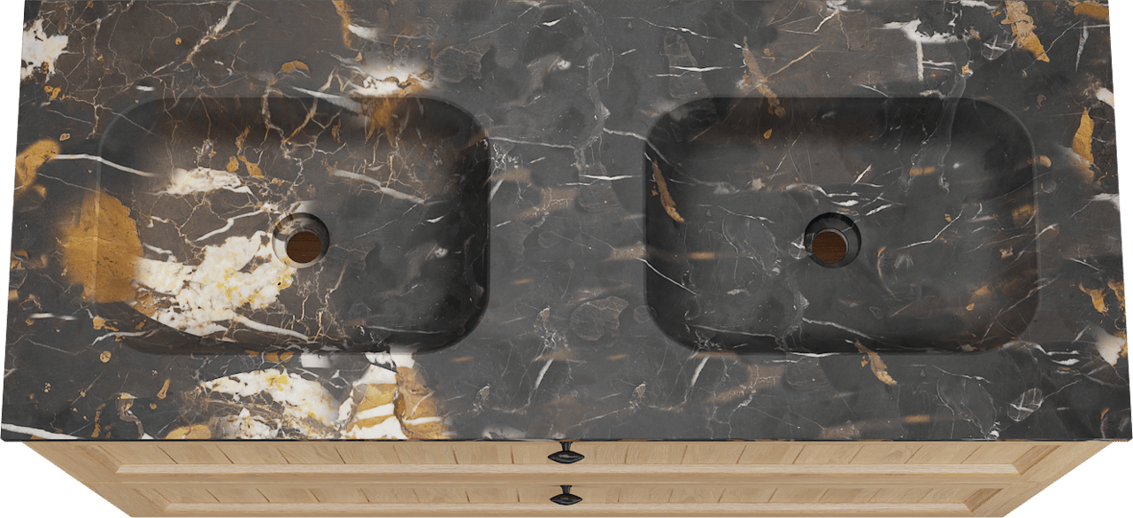 Balmani Lemon staand badkamermeubel 135 x 55 cm, fineer natuur eik met Tablo Arcato dubbele wastafel in portoro gold