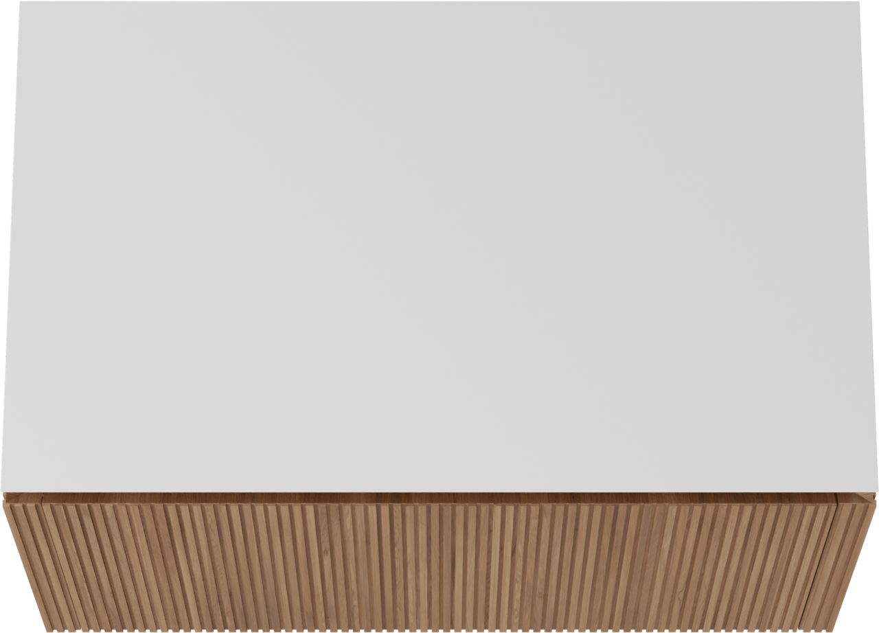 Balmani Eclips zwevend badmeubel 90 x 55 cm Teakhout met Eclips enkel wastafelblad in Solid Surface mat wit, Verticale symmetrische rechte ribbel