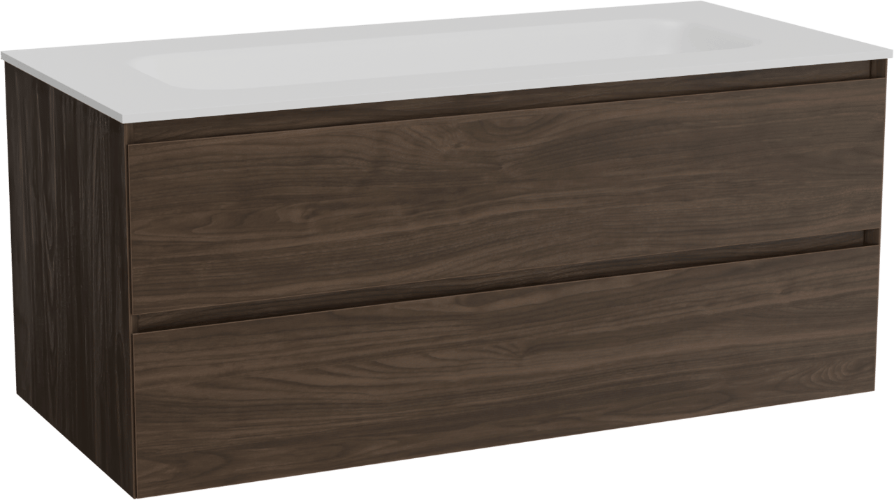 Balmani Mitra hängendes Möbelstück Set: 120 x 55 cm, Amerikanischer Nussbaum, mit Tablo Arcato Einzelwaschtisch für 2 Armaturenlöcher, Solid Surface Weiß matt