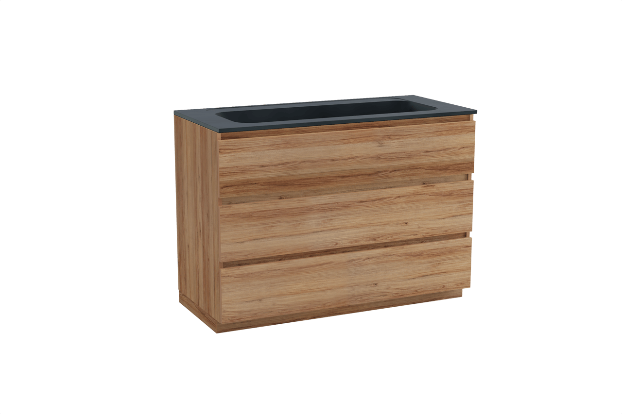 Balmani Lucida freistehendes Möbelstück Set: 120 x 55 cm, Teak, mit Tablo Strada Einzelwaschtisch für 2 Armaturenlöcher, Marmorkomposit Schwarz matt