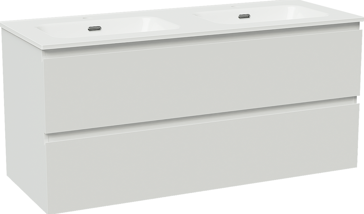 Linie Lado meuble salle de bains suspendu 120 x 46 cm blanc brillant avec Baro double vasque en porcelaine blanc brillant