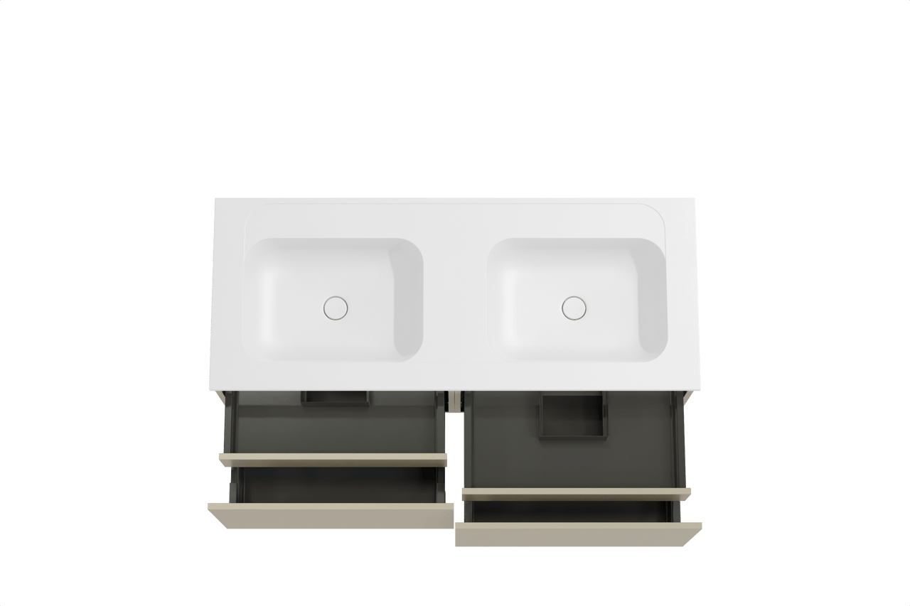 Balmani Sfera zwevend badkamermeubel 135 x 55 cm dune met Tablo Strada dubbele wastafel in composietmarmer mat wit