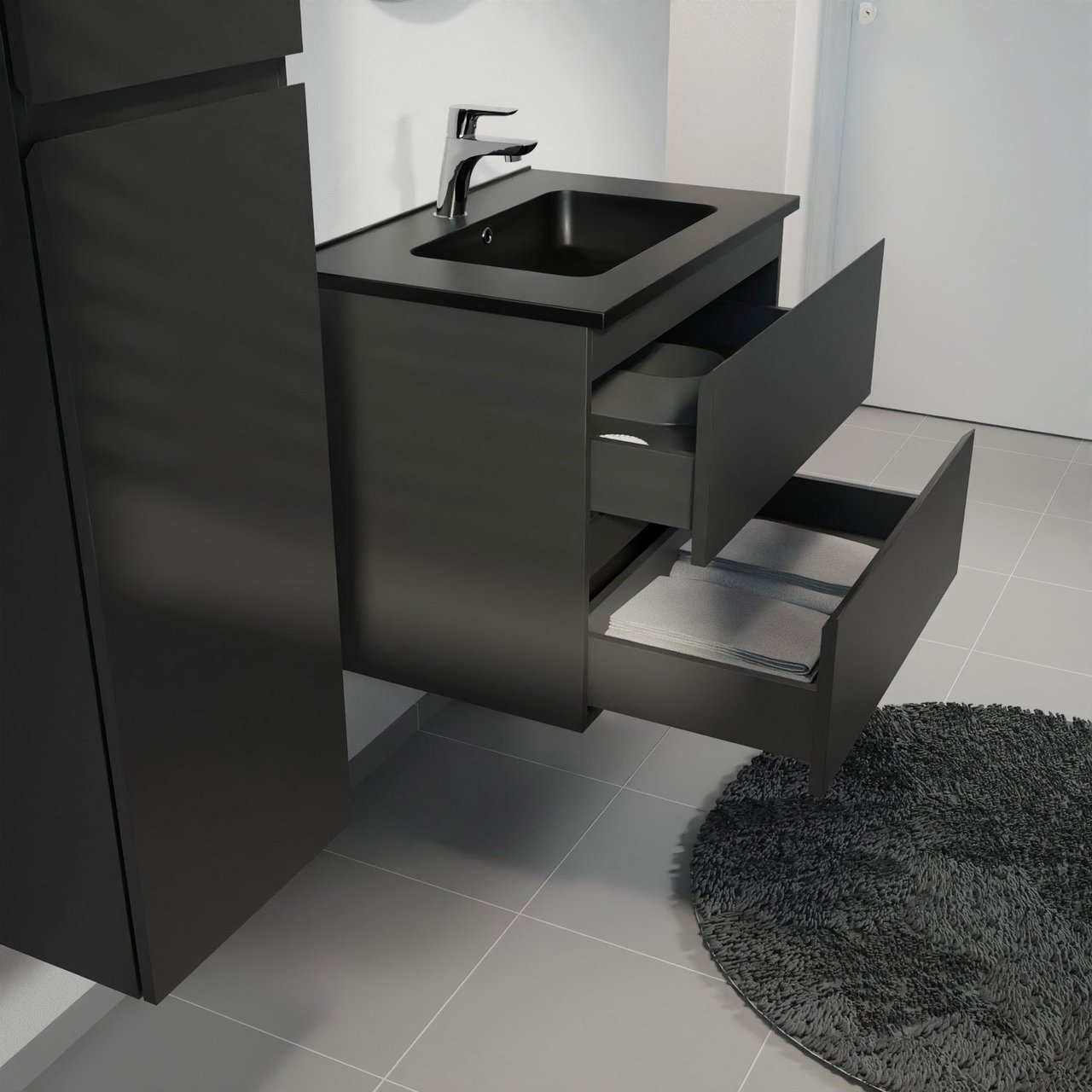 Linie Lado meuble salle de bains suspendu 70 x 46 cm noir mat avec Vano plan simple en marbre composite noir mat