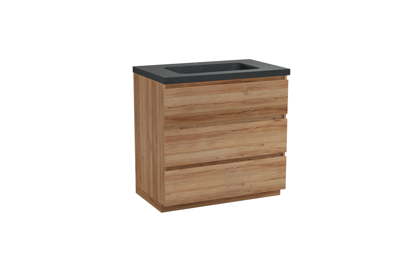 Balmani Lucida freistehendes Möbelstück Set: 90 x 55 cm, Teak, mit Napoli Einzelwaschtisch, Schwarzes Granit