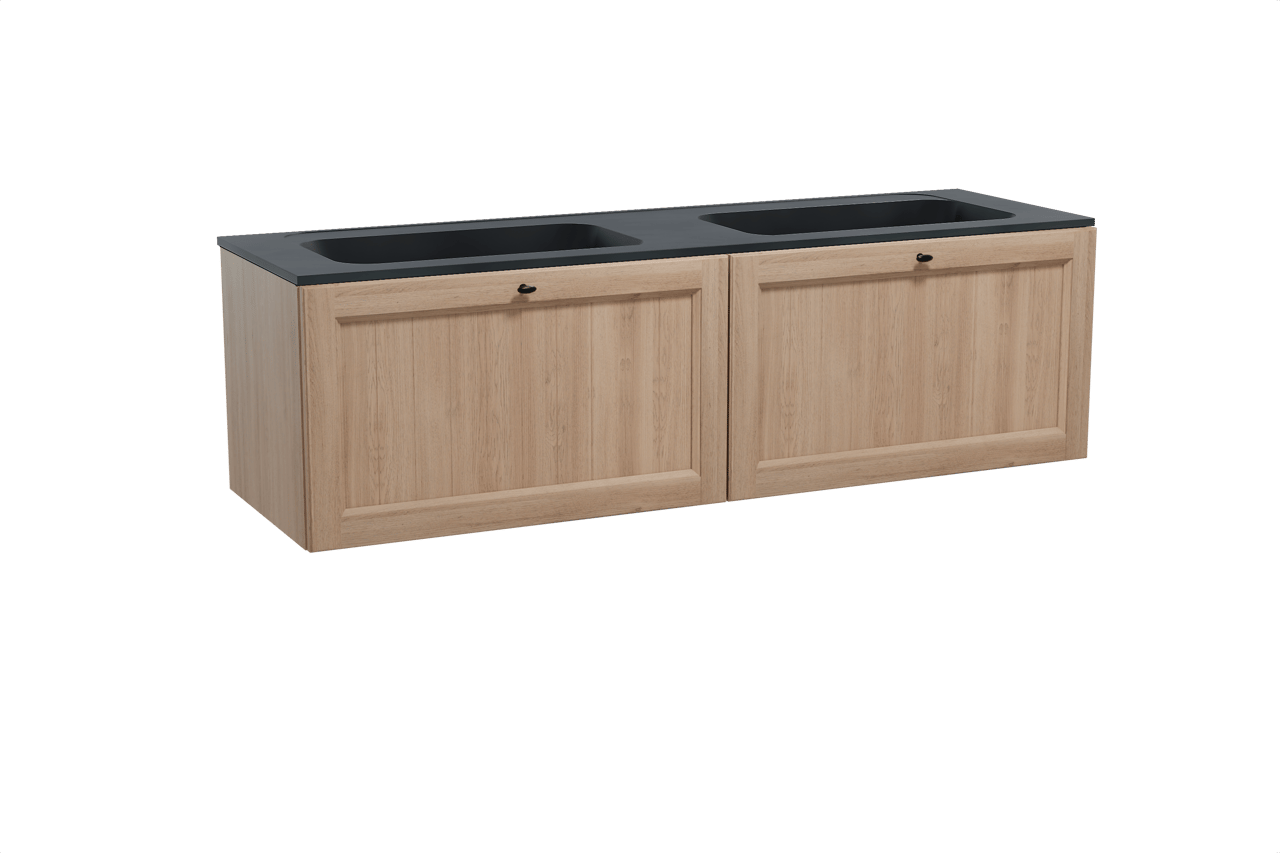 Balmani Lemon meuble salle de bains suspendu 180 x 55 cm chêne vieilli avec Tablo Strada double vasque en marbre composite noir mat