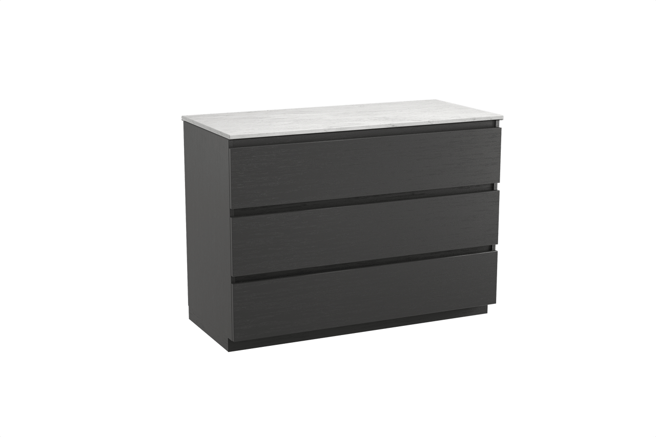 Balmani Lucida freistehendes Möbelstück Set: 120 x 55 cm, Schwarze Eiche, mit Stretto Einzel- oder Doppel Waschtischplatte, Marmor Carrara