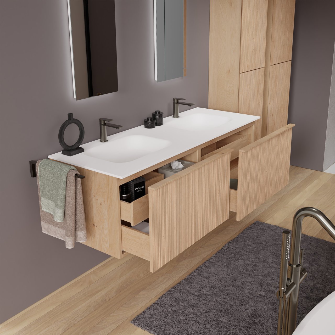 Balmani Forma meuble salle de bains suspendu 150 x 55 cm chêne naturel avec Tablo Arcato double vasque en solid surface blanc mat, Nervure circulaire asymétrique verticale