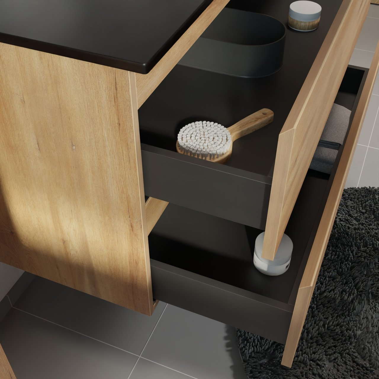 Linie Lado hängendes Möbelstück Set: 70 x 46 cm, Naturbelassene Eiche, mit Baro Einzelwaschtisch, Porzellan Schwarz matt