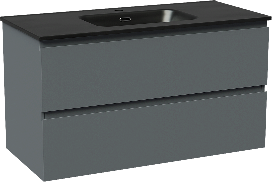 Linie Lado hängendes Möbelstück Set: 100 x 46 cm, Anthrazitblau, mit Baro Einzelwaschtisch, Porzellan Schwarz matt