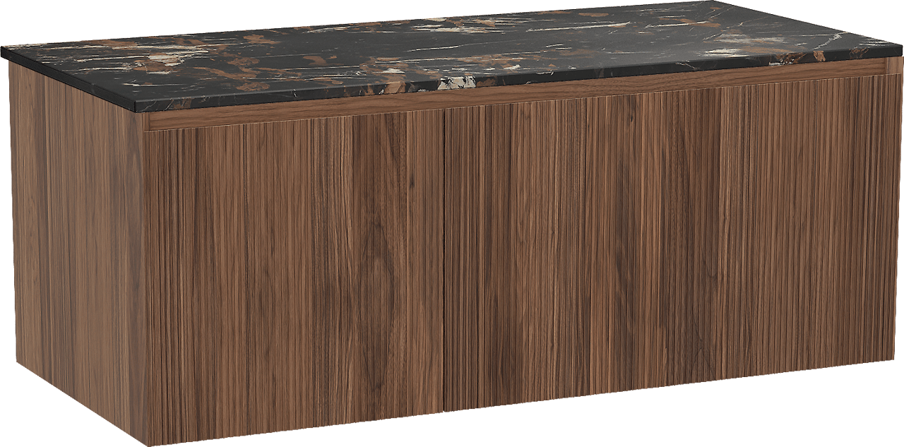 Balmani Fila hängendes Möbelstück Set: 120 x 55 cm, Nussbaum, mit Stretto Einzel Waschtischplatte, Marmor, Portoro Gold, Vertikale symmetrische gerade Rippe