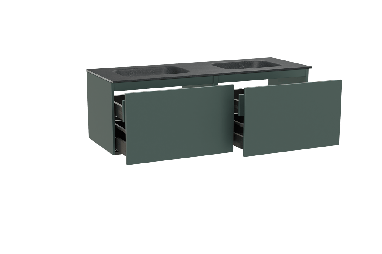 Balmani Sfera zwevend badkamermeubel 150 x 55 cm forest met Tablo Arcato dubbele wastafel in graniet zwart