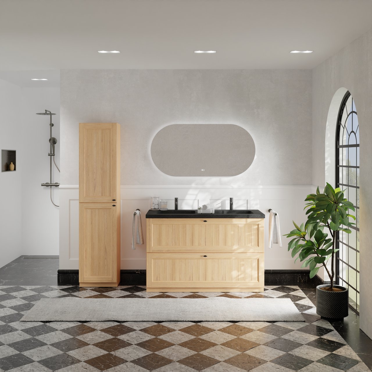 Balmani Lemon stehender Waschbeckenunterschrank: 135 x 55 cm, Naturbelassene Eiche Furnier, 2 Schubladen