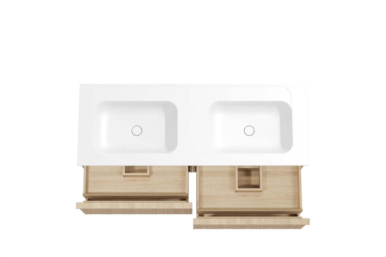 Balmani Forma zwevend badkamermeubel 150 x 55 cm natuur eik met Tablo Strada dubbele wastafel in composietmarmer mat wit, Verticale asymmetrische ronde ribbel