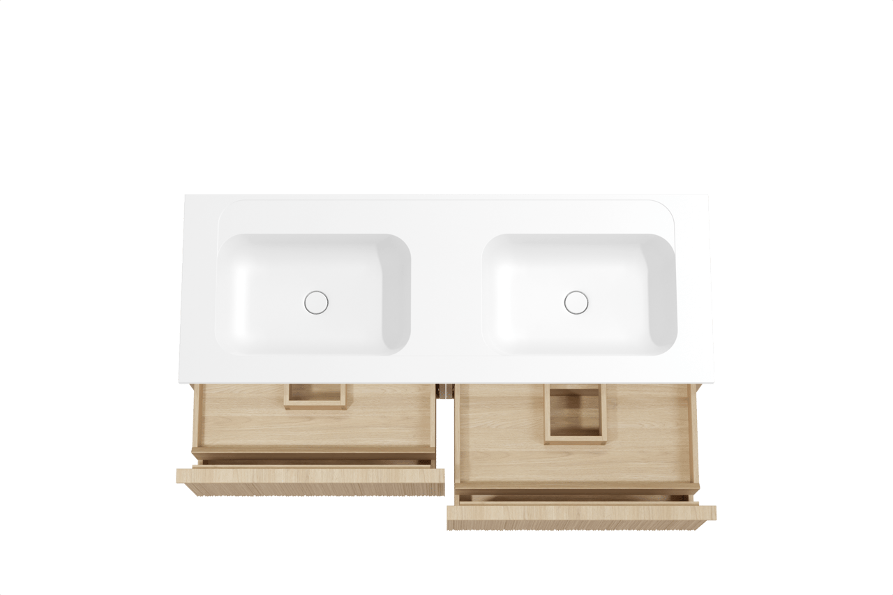 Balmani Forma hängendes Möbelstück Set: 150 x 55 cm, Naturbelassene Eiche, mit Tablo Strada Doppelwaschtisch, Marmorkomposit, Weiß matt, Vertikale asymmetrische Runde Rippe