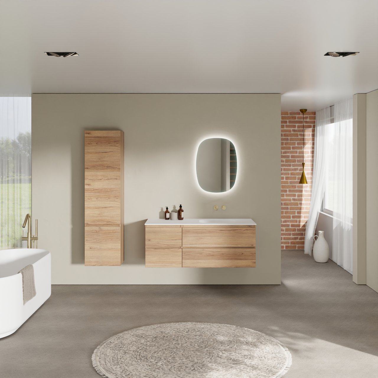 Balmani Lucida hängendes Möbelstück Set: 135 x 55 cm, Teak, mit Tablo Arcato Waschtisch rechts, Solid Surface Weiß matt