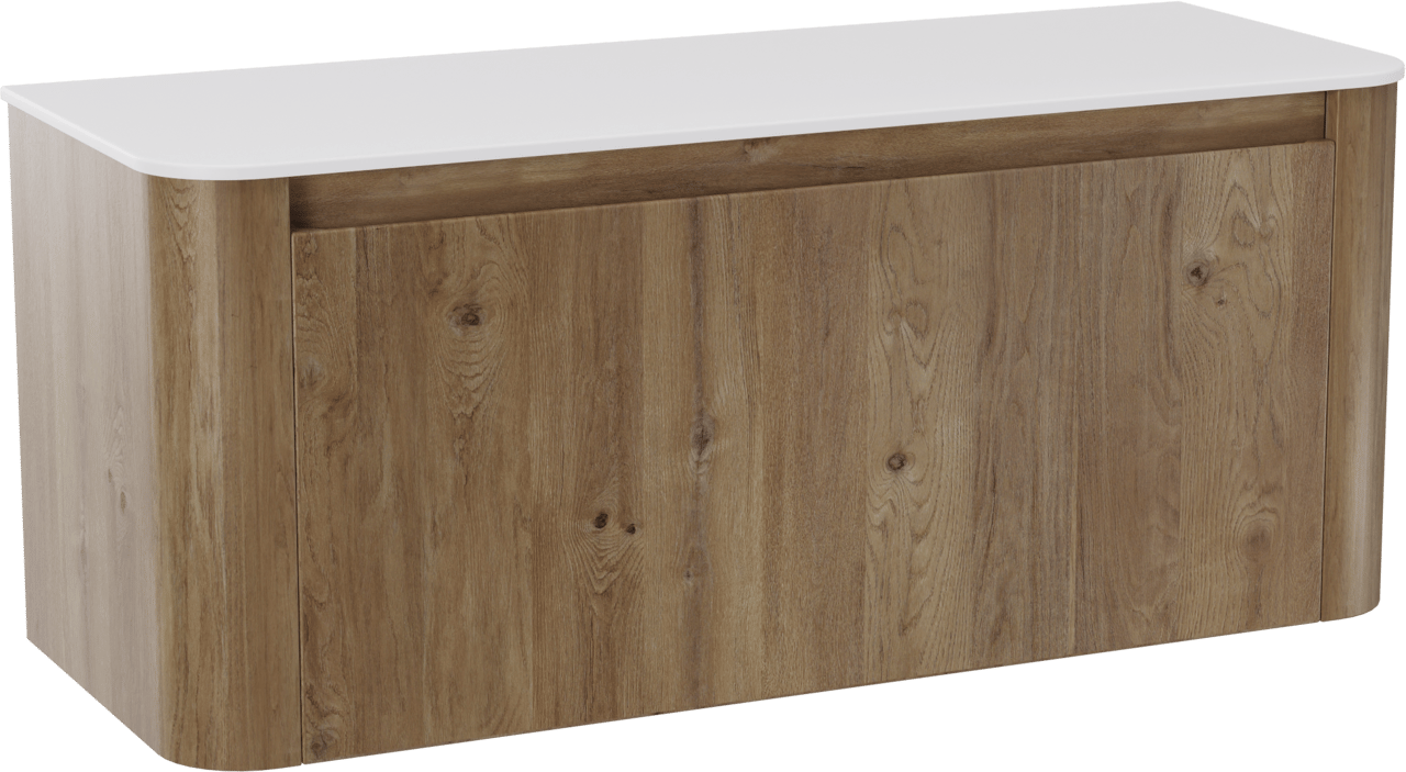 Storke Soft zwevend badkamermeubel 120 x 46 cm ruwe eik met Tavola Soft enkele of dubbele tablet in solid surface mat wit