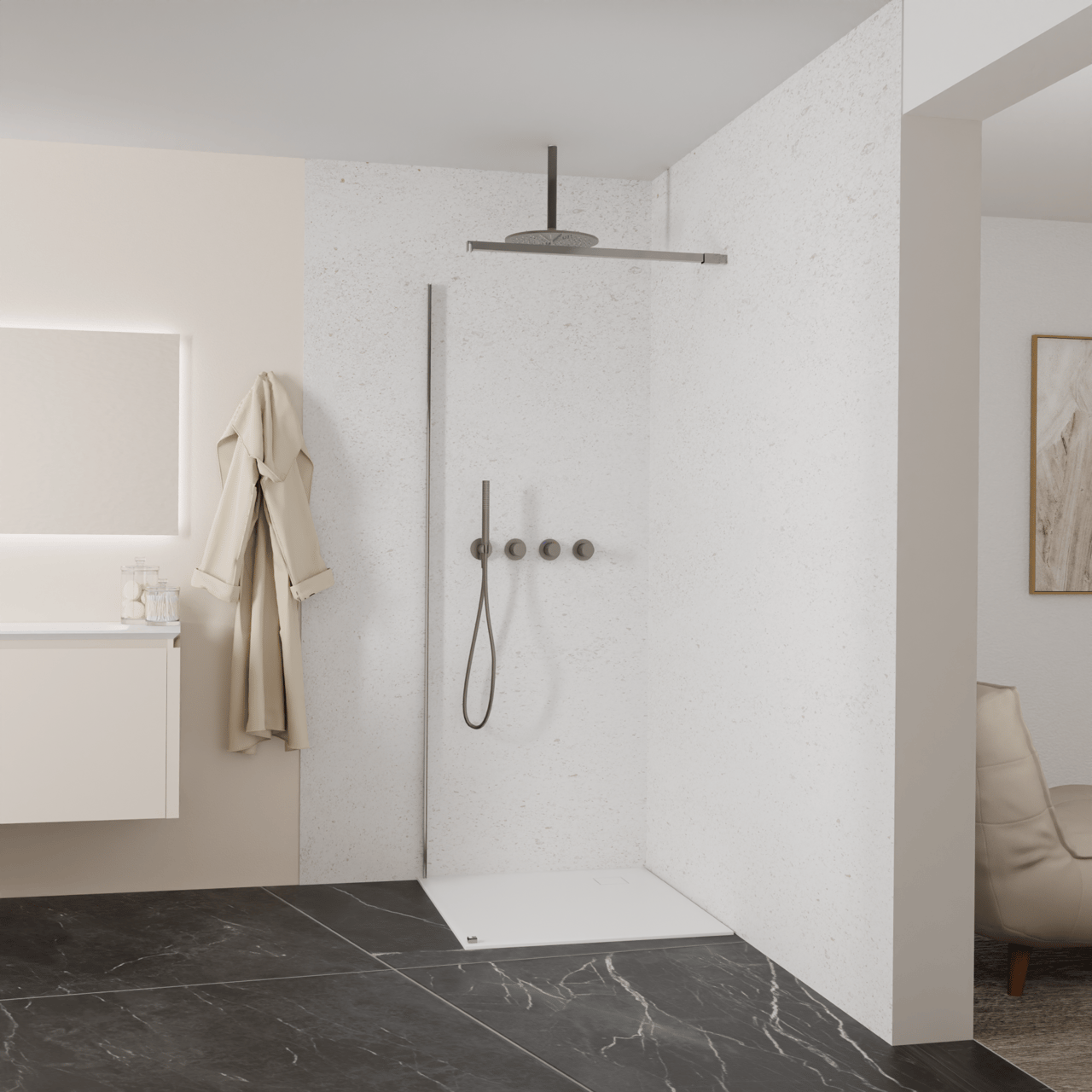 Balmani Modular Walk-In Dusche: 90 x 200 cm, Klarglas, inklusive Coating, Profil Brushed GunMetal