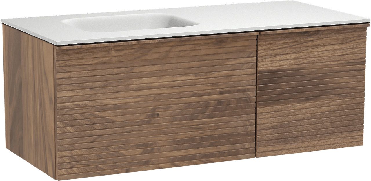 Balmani Forma hängendes Möbelstück Set: 120 x 55 cm, Amerikanischer Nussbaum, mit Tablo Arcato Waschtisch links, Solid Surface, Weiß matt, Horizontale symmetrische gerade Rippe