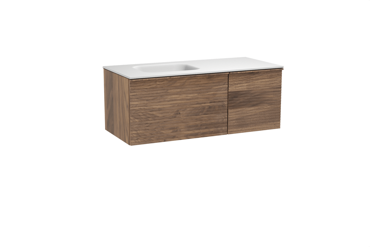 Balmani Forma meuble salle de bains suspendu 120 x 55 cm noyer américain avec Tablo Arcato plan vasque asymétrique à gauche en solid surface blanc mat, Nervure droite symétrique horizontale