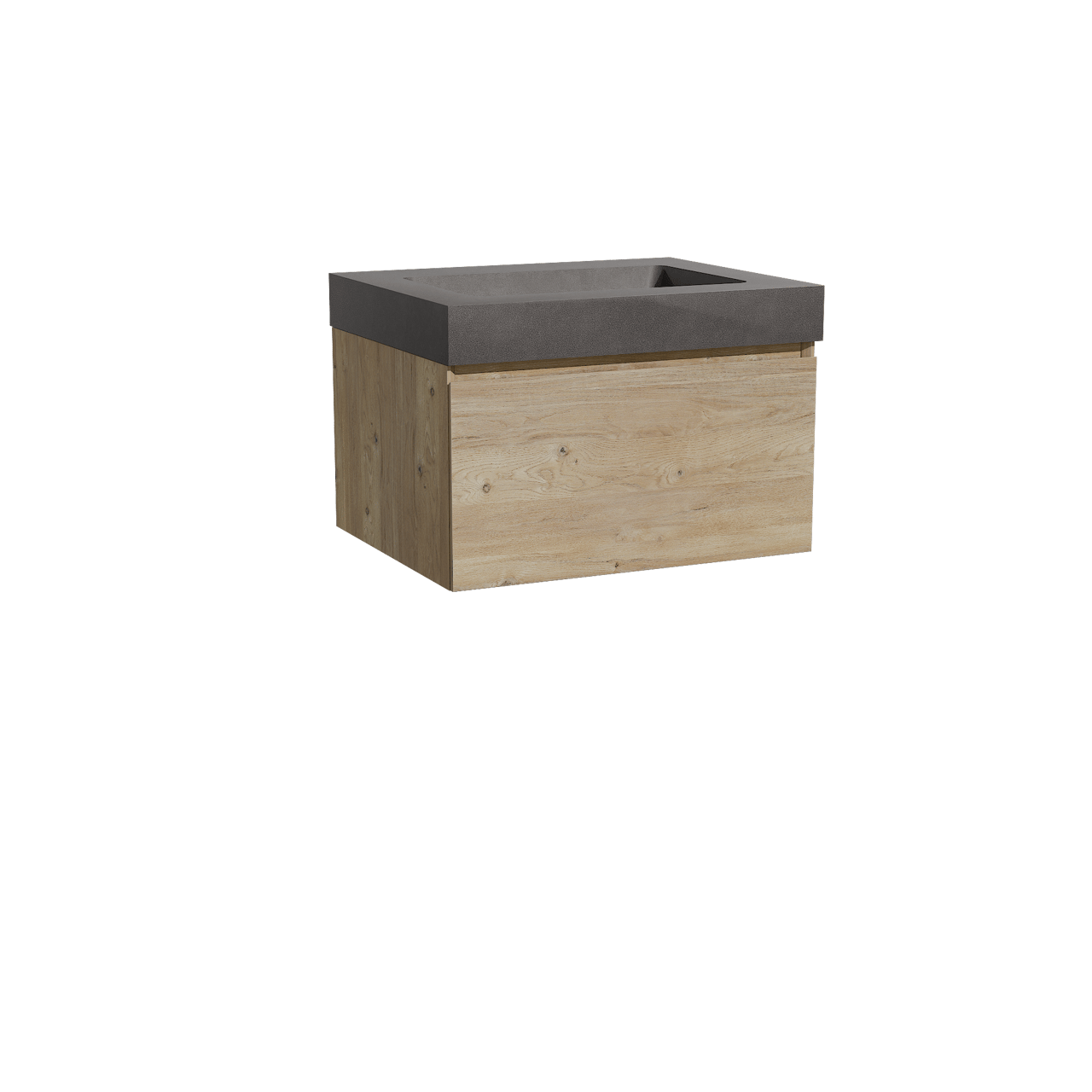 Storke Edge zwevend badkamermeubel 65 x 52 cm ruwe eik met Scuro High enkele wastafel in kwarts mat zwart