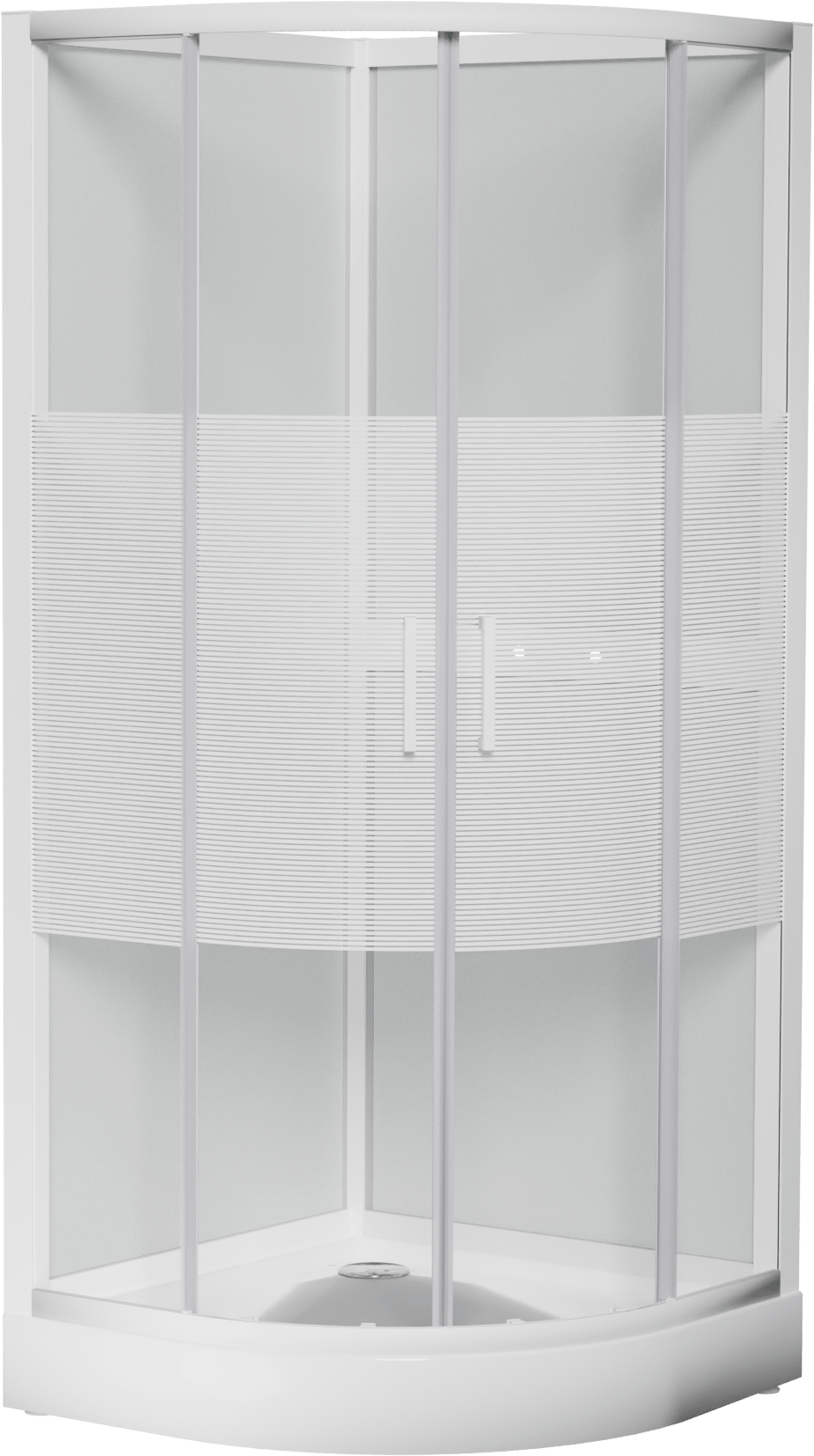 Luca Varess Talan kwartronde complete douchecabine met schuifdeuren 90 x 90 cm helder glas met mat gestreepte strook glans wit profiel
