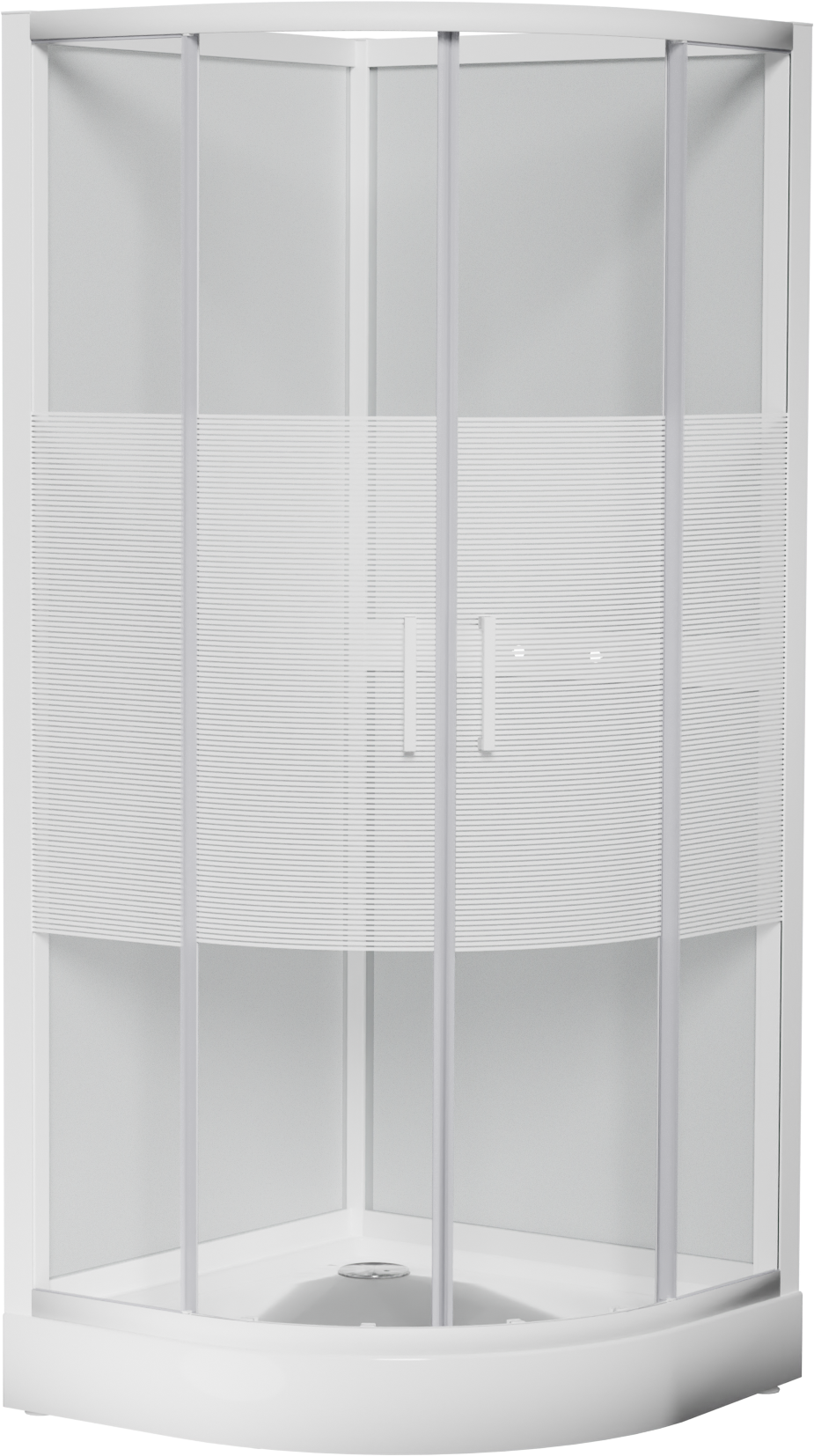 Luca Varess Talan viertelkreisförmige Duschkabine: Schiebetür, 90 x 90 cm, Klarglas mit gestreiftem matten Band, Weißes Profil, glänzend