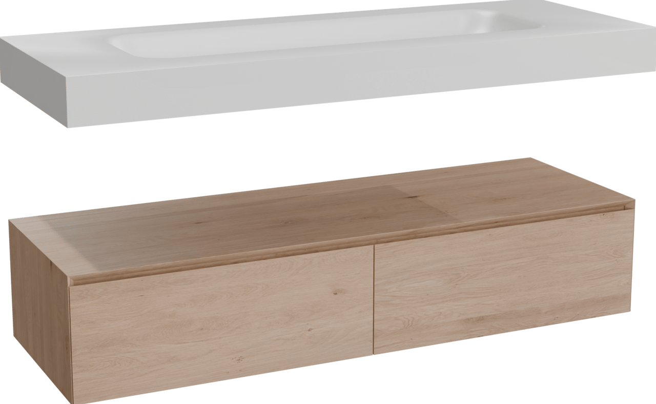 Balmani Mitra Elements meuble salle de bains suspendu 150 x 55 cm chêne naturel avec Arcato lavabo simple pour 2 trous de robinet en solid surface blanc mat