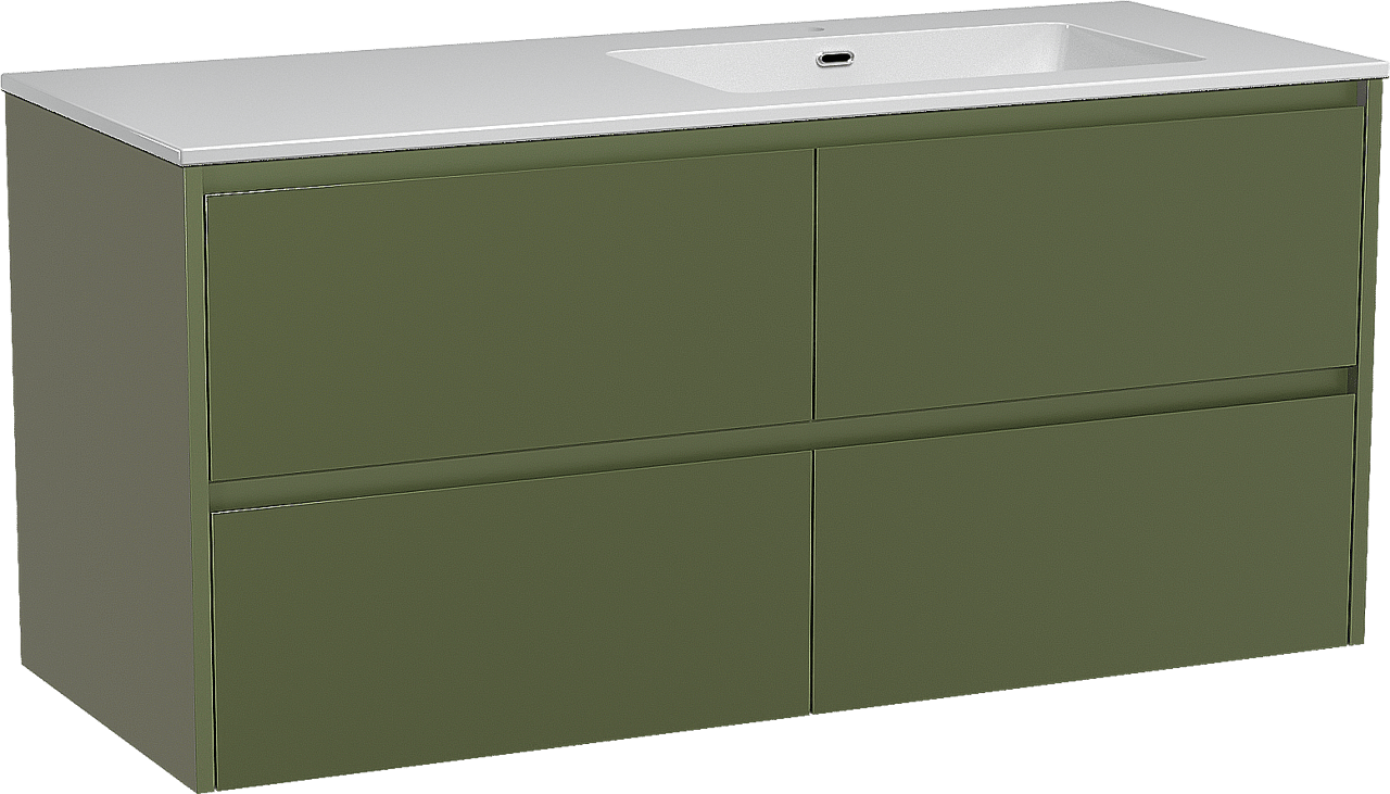 Storke Seda zwevend badmeubel 130 x 52 cm olijfgroen met Diva asymmetrisch rechtse wastafel in composietmarmer hoogglans wit