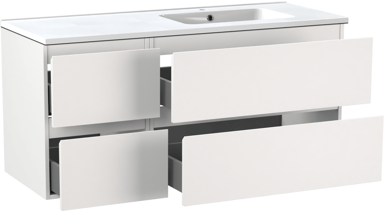 Linie Lado meuble salle de bains suspendu 120 x 46 cm blanc mat avec Vano plan vasque asymétrique à droite en marbre composite blanc brillant