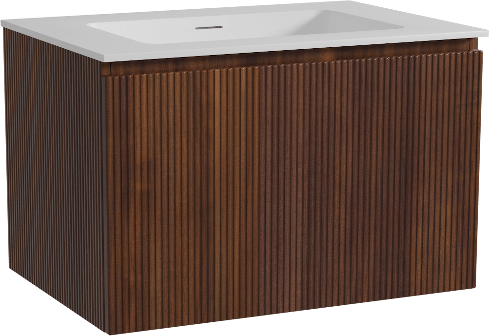 Storke Ribs zwevend badmeubel 75 x 52 cm notenhout met Mata enkele wastafel in solid surface mat wit, Verticale symmetrische rechte ribbel
