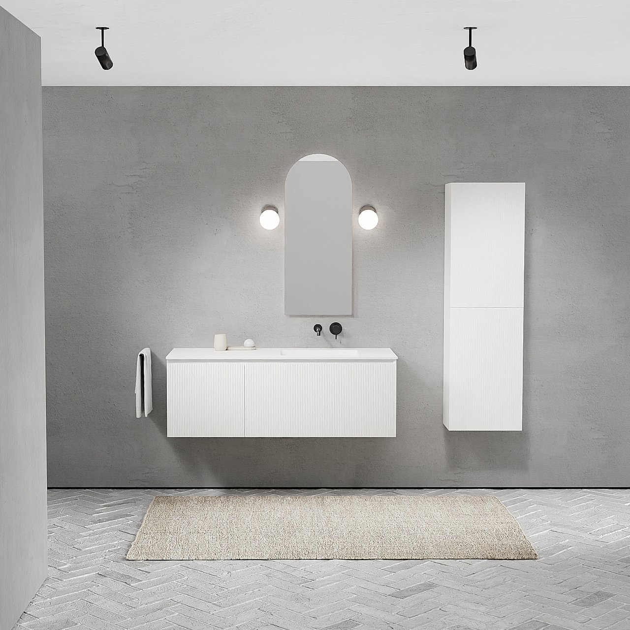 Balmani Fila by Mitra hängendes Möbelstück Set: 135 x 55 cm, Weiß matt, mit Tablo Arcato Waschtisch rechts, Solid Surface, Weiß matt, Vertikale symmetrische gerade Rippe