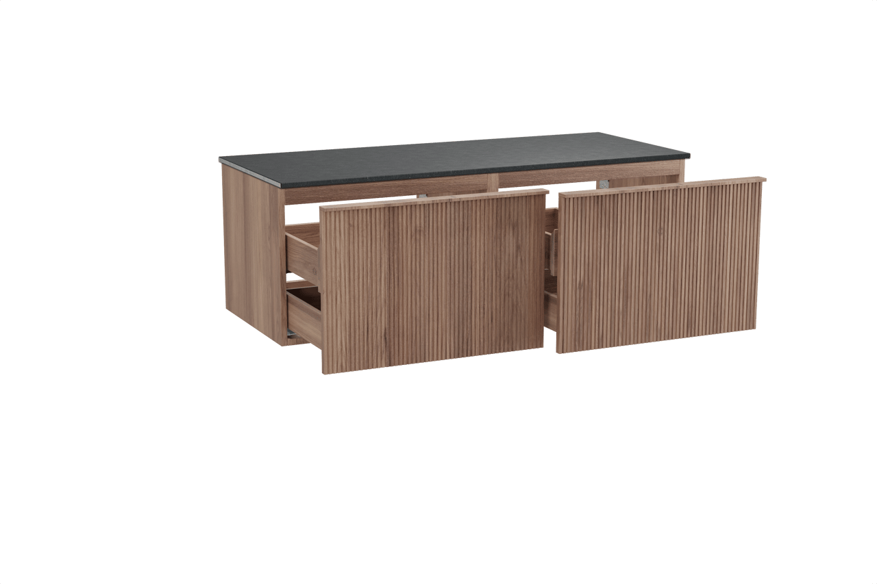 Balmani Forma meuble salle de bains suspendu 135 x 55 cm teck avec Stretto tablette simple ou double en granit noir, Nervure droite symétrique verticale