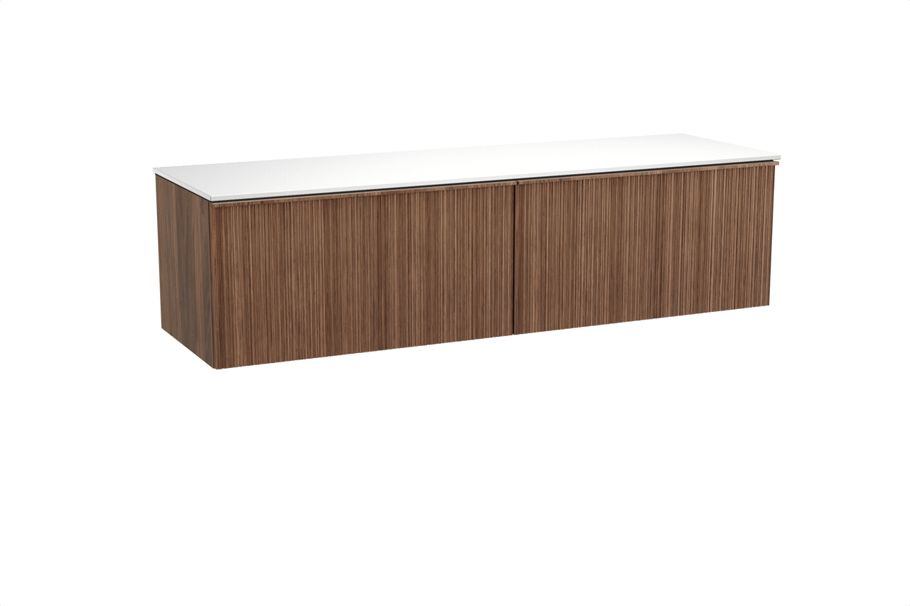 Balmani Forma zwevend badkamermeubel 180 x 55 cm amerikaanse notelaar met Stretto enkel of dubbel tablet in solid surface mat wit, Verticale asymmetrische ronde ribbel