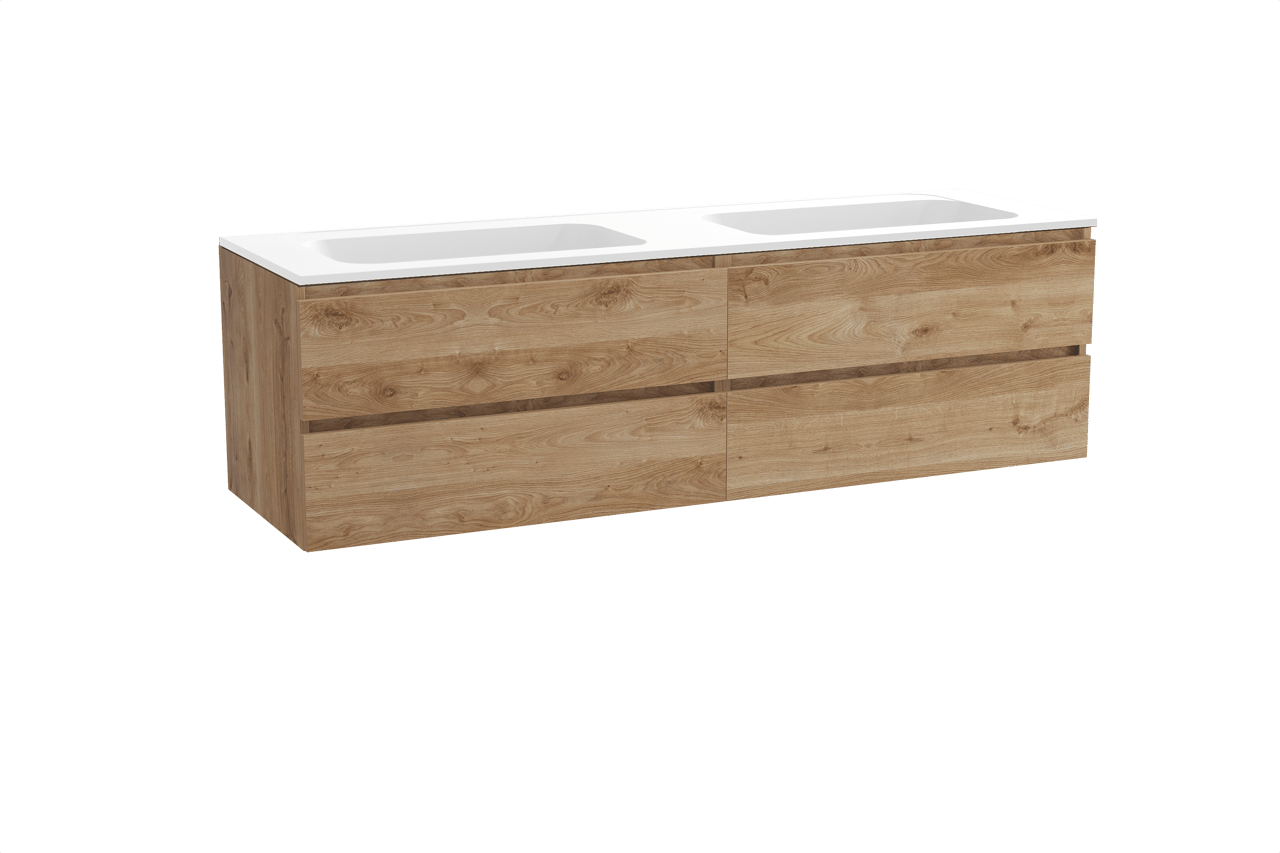 Balmani Lucida meuble salle de bains suspendu 180 x 55 cm chêne brut avec Tablo Strada double vasque en marbre composite blanc mat