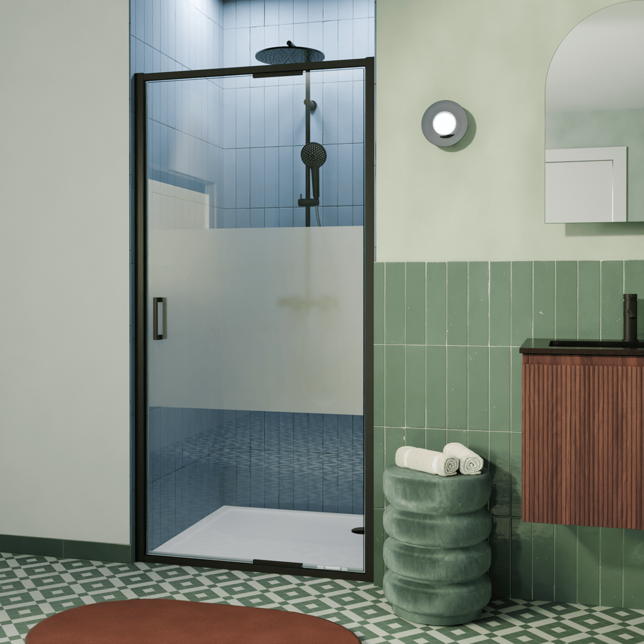 Luca Varess Vidor In porte pivotante 80 cm x 190 cm verre transparent avec bande matte profil noir mat